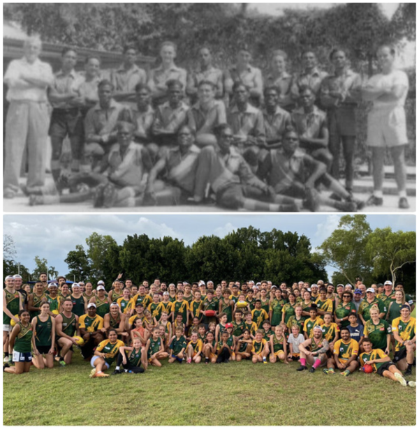 An old photo from the 50s of the Saint Mary's team and a contrasting photo of the club players today.